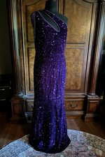 Deep Purple Sequin One Shoulder Formal Gown Dress Full Length Beaded Shoulder