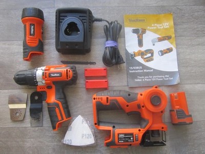VonHaus 4 Piece 12V Power Tool Set Drill Saw Flashlight Case Accessories Booklet