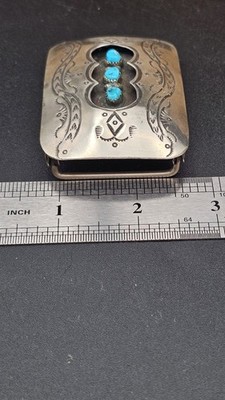 Vintage Navajo Sterling Silver Turquoise Belt Buckle Hand  display picture 3