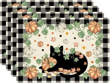 XCHI Fall Black Cat Placemats Set of 4 （12x18 Inch）, Colored 