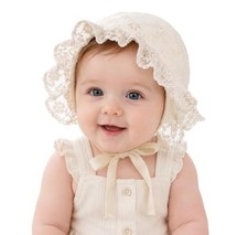 Newborn-Baby-Girl Soft-Bonnet-Cap Lace Cotton Infant 0-6 Months Beige