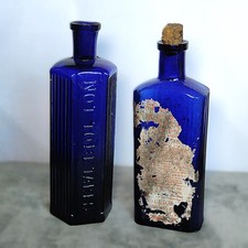 Pair of Antique Cobalt Blue Glass Poison Medicine Apothecary Bottles