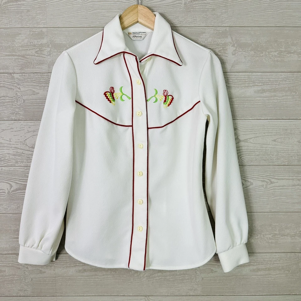 Camisa Occidental JC Penny Años 60 70 Poliéster Floral Bordada Blanca JC Penny Foto 2 de 4
