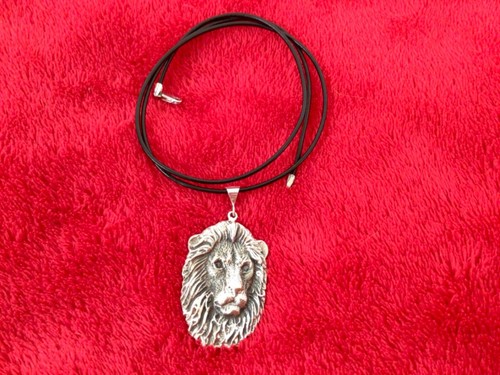 Large Sterling silver lion face pendant medal medallion 20" necklace retro - Picture 2 of 5