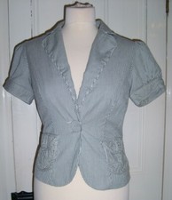 Love Label Blue & White Stripe Puff Sleeve Fitted Jacket Size 8 In Vgc