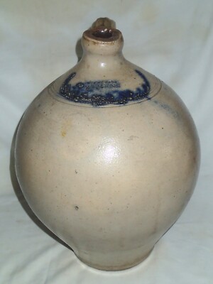 ANTIQUE COUNTRY c. 1829 - 1838 CLARK & FOX ATHENS STONEWARE BLUE SALT GLAZE JUG