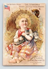 Standard Sewing Machine Girl Cats Victorian Trade Card 1890s Cleveland 5" x 3"