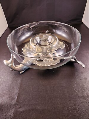 Arthur Court Chip Dip Or Shrimp Server Glass Bowl Metal 3 Fish Stand