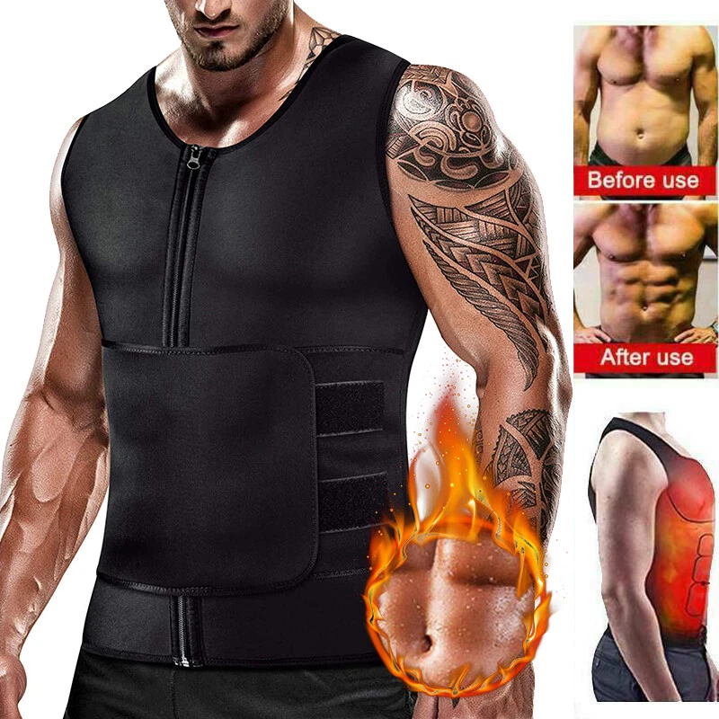 Men s Neoprene Sauna Sweat Suit Waist Trainer Vest Zipper Body Shaper Tank Top eBay