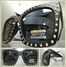 Oversize Exaggerated Vintage Retro Style SUNGLASSES Large Black Frame Gold Studs