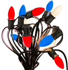 4th of July Outdoor Patio Lights Red White  Blue C7 Ceramic E12 25FT Black Cord