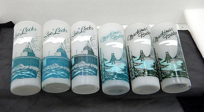 6 Vintage Frosted Scenic Mackinaw Bridge & ''Soo'' Locks MI. 16oz Souvenir Glasses