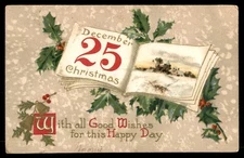 Postcard Christmas Day, December 25, Holly and Bells POSTED