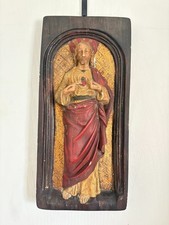 Ancien Bas Relief Sculpture Jésus Bois Sculpté Céramique Polychrome