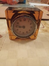 Art Deco honey Amber Glass Cube Desk Clock. Antique Working Clock.