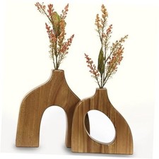 Wooden Vases for Decor Set of 2 - Small Decorative Wood Vase for Faux Flowers