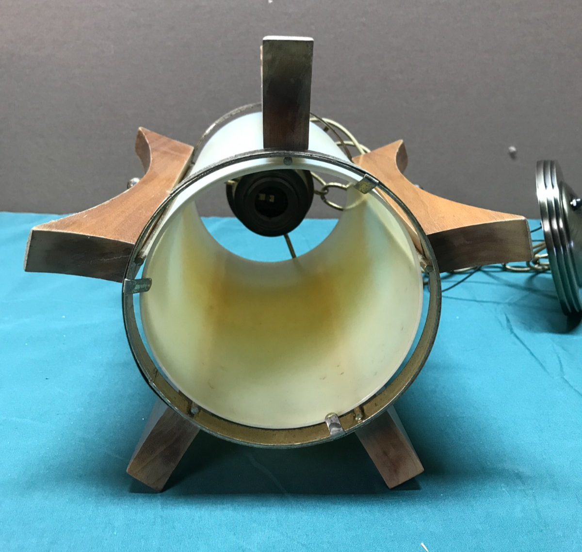 VTG MCM Pendent Hanging Cylindrical Sculpted Wood Fin Light Fixture Old ...