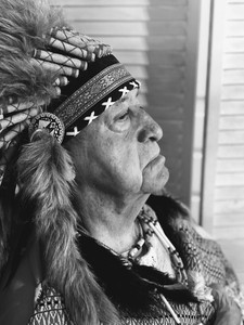 Vintage Black & White Portrait Photo Native American US Man Feathered Headdress