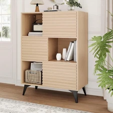 Fluted Floor Cabinet 43" Tall,Sliding Door Storage Cabinet with Adjustable Shelf
