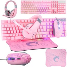 Pink Gaming Keyboard and Mouse Headset Headphones and Mouse pad, Wired LED RG...