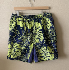 Sand N Sun Men's Swim Trunks Navy Blue Lime Green Pattern Size L