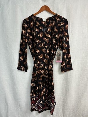 BeachLunchLounge Floral Dress NWT Women s Small Maroon Black Midi 3/4 Sleeve
