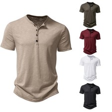 Henley Collar Summer Men Casual Solid Color Short Sleeve T Shirt Polo for Men