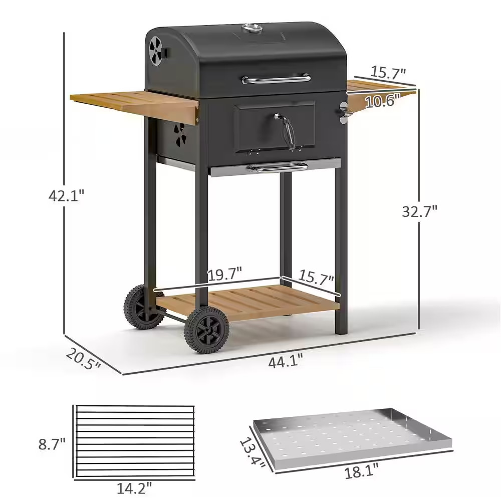 Charcoal Grill in Black with Adjustable Charcoal Pan, 3 Shelves, Thermometer, Wh