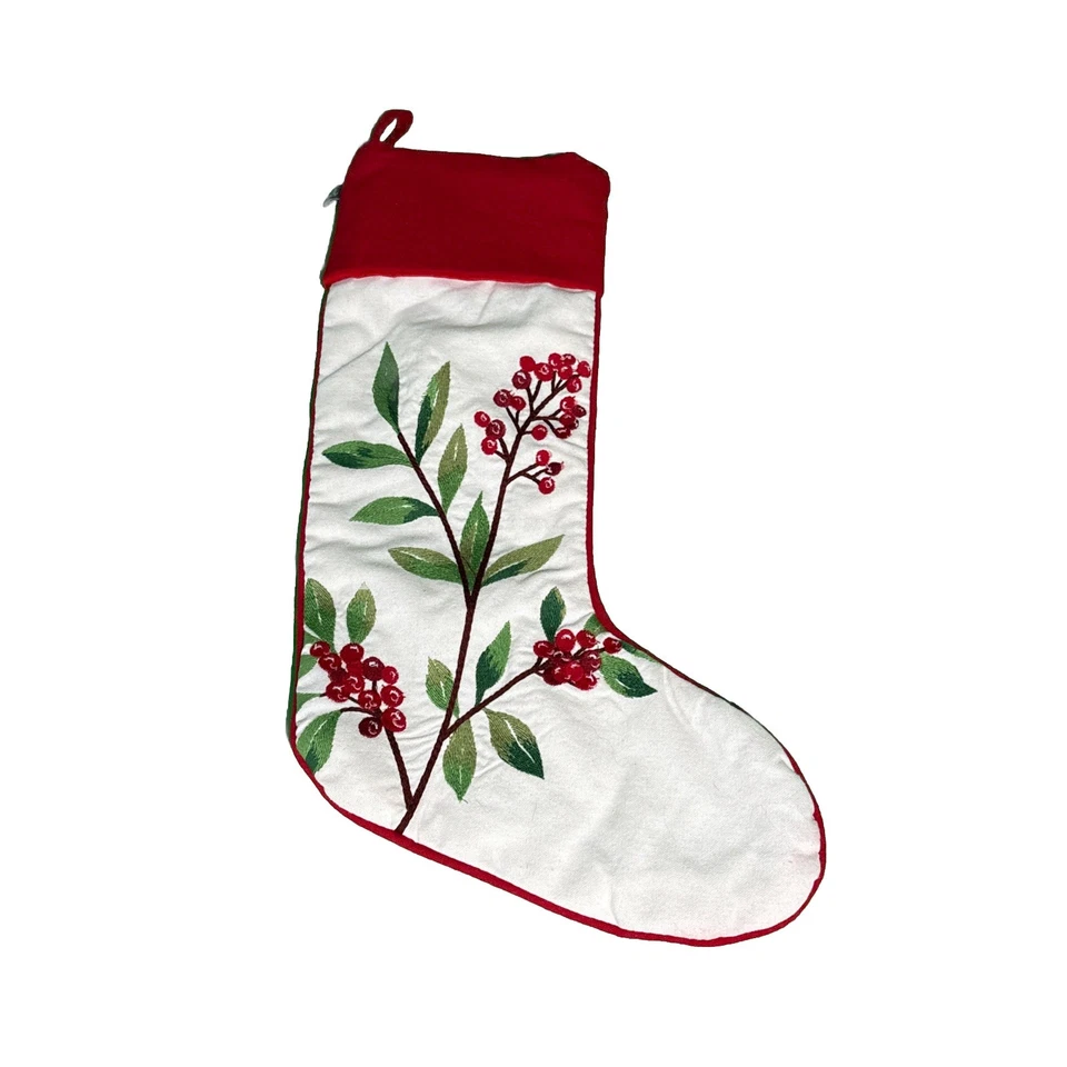 LAUREN RALPH LAUREN Christmas Stocking Holly Berry Leaves Embroidered Designer - Image 2 of 4