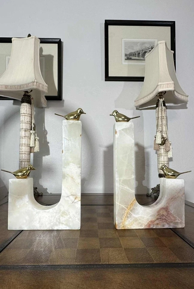 Sujetalibros de mármol blanco con pájaros de latón - Juego de 2 Foto 2 de 4