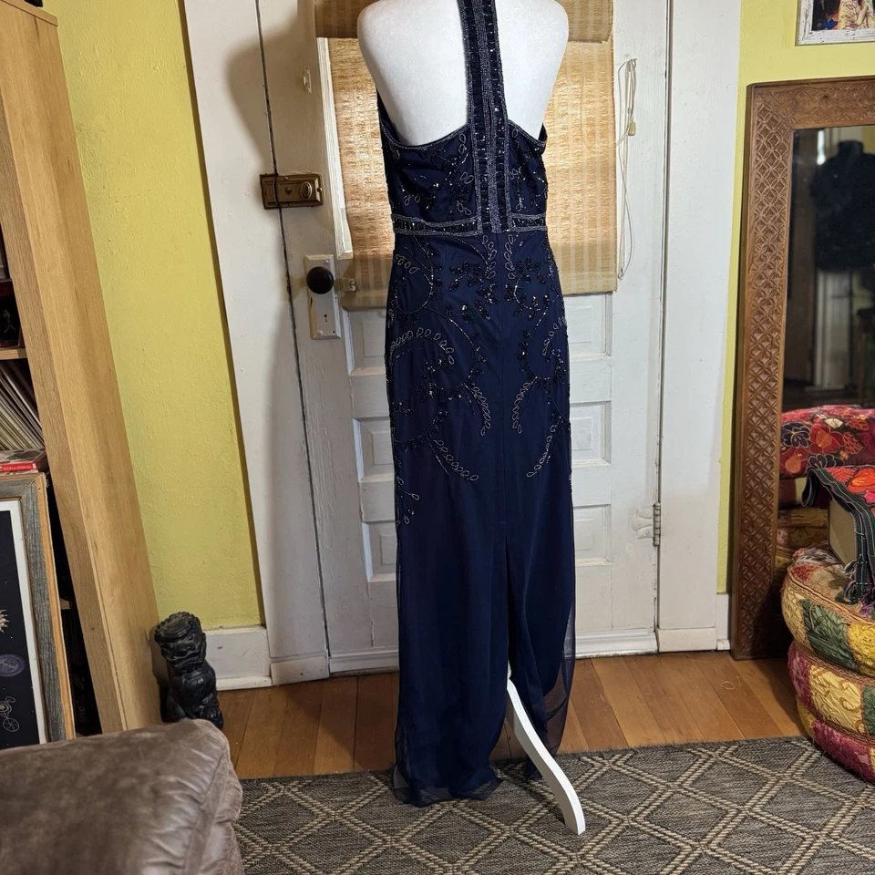 Maxi Vestido de Noche Formal Adrianna Papell Para Mujer 10 Azul Marino Con Cuentas Lentejuelas Malla Foto 4 de 4