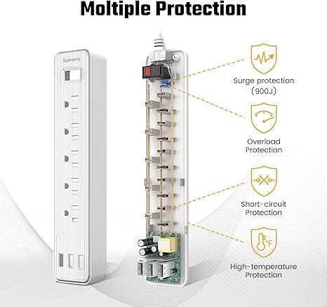 Wall Mountable Power Strip Surge Protector w/ 5 Outlets & 3 USB Ports - Afbeelding 4 van 5