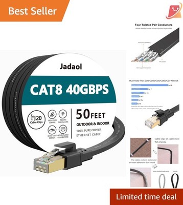 Cat8 Ethernet Cable 50FT Outdoor Indoor High Speed LAN Network Flat Waterproof