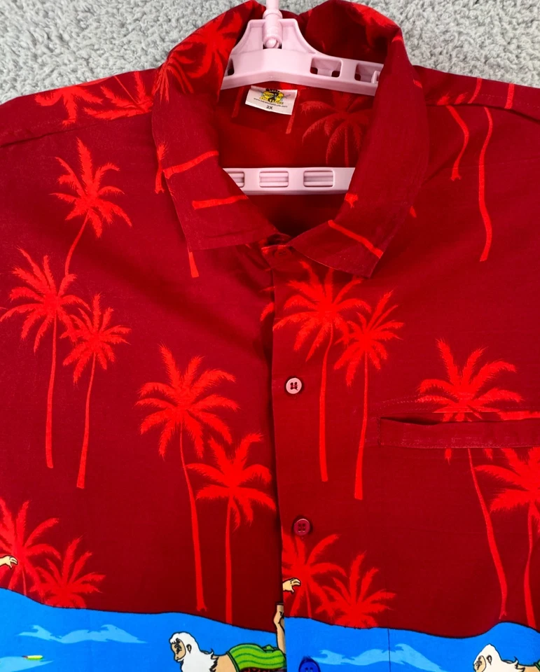 Mens 2X Short Sleeve Button Shirt Blue Red Tropical Christmas Print Casual - Image 2 of 4