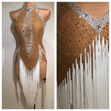 Latin Ballroom Dance Dress Nude Rhinestones Fringe Competition Costume