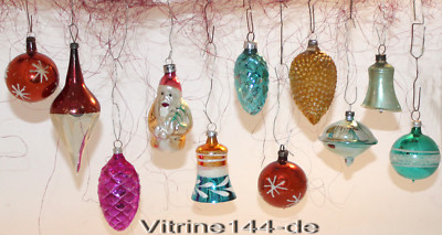 CHRISTMAS TREE DECORATIONS Bundle-11pcs Vintage Coloured Glass Ornaments-Santa Claus, Bell #60