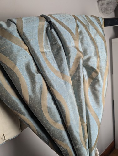 Bespoke Long Turquoise Blue-Gold Satin Interlined curtains - Picture 12 of 13