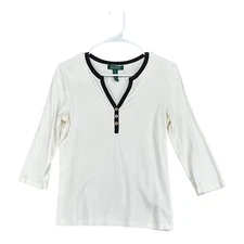 Lauren Ralph Lauren Women's M Medium White Henley Top Casual Preppy