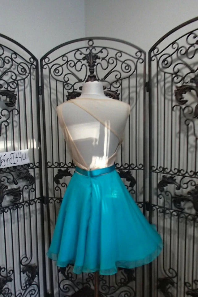 G2063) VESTIDO DE FIESTA RACHEL ALLAN 2779 AQUA $259 TALLA 12 CÓCTEL GRADUACIÓN Foto 2 de 4