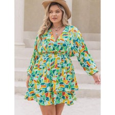 Plus Size Printed Surplice Long Sleeve Mini Dress