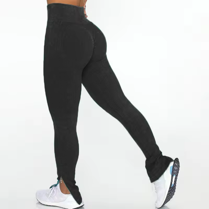 Leggings rascados acanalados con cremallera lavado de piedra-image