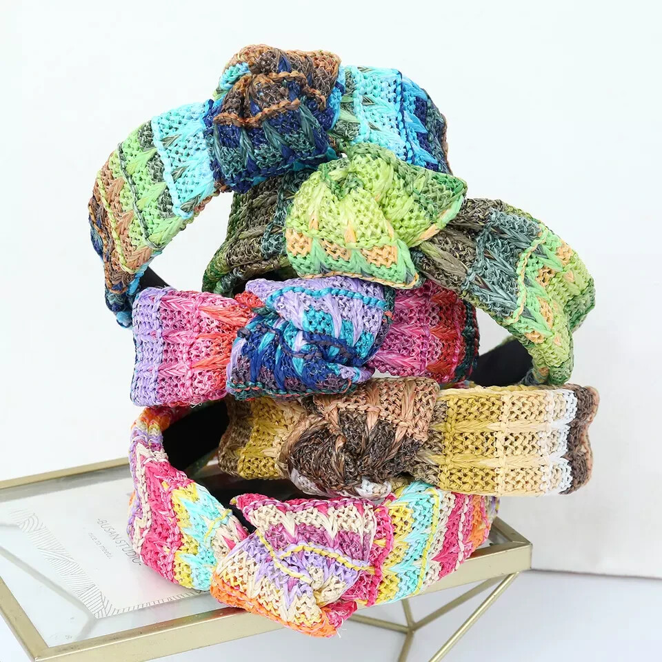 Luxe Boutique | Boho Rainbow Top Knot Raffia Woven Boutique Headband Boho Rainbow Top Knot Headband - LivLeiLove main image 3