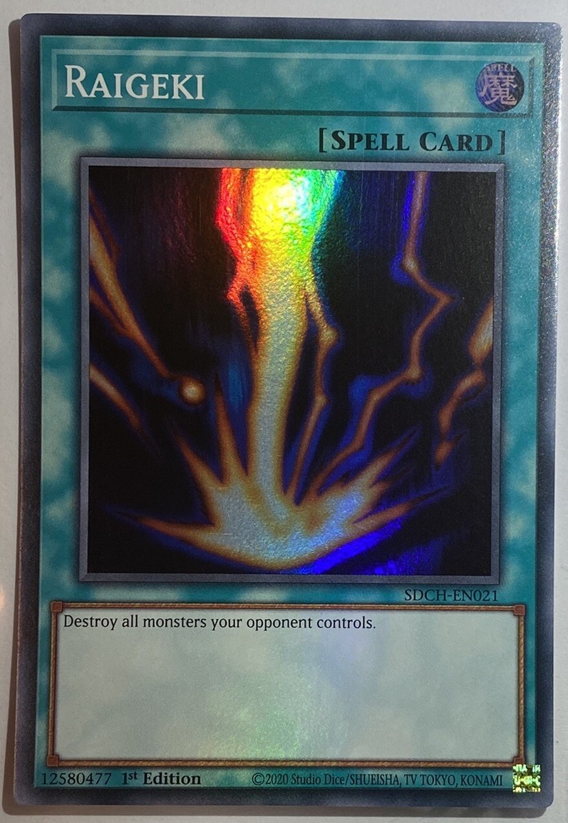 Yu-Gi-Oh Card Raigeki 1st Edition Super Rare Yugioh Card - SDCH-EN021, Near Mint/Mint Condition, Ungraded, Classic Spell Card YuGiOh Raigeki 1st Edition Yu-Gi-Oh Card Raigeki 1st Edition Super Rare Yugioh Card - SDCH-EN021, Near Mint/Mint Condition, Ungraded, Classic Spell Card YuGiOh Raigeki 1st Edition