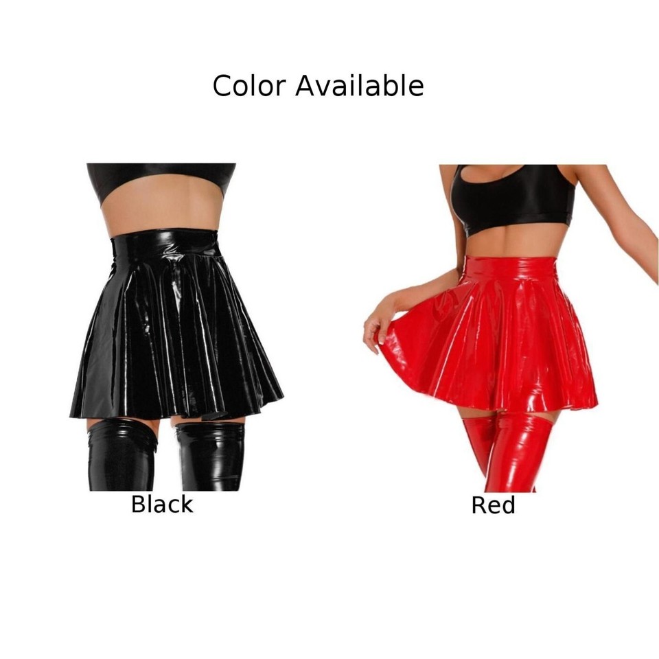 Ladies Sexy Wet Look Pleated Mini Skirt High Waist PVC Leather Dance