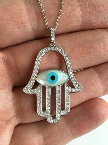 925 STERLING SILVER HAMSA EYE NECKLACE 18” / FATIMA HAND EVIL EYE NECKLACE #2 - Picture 2 of 7