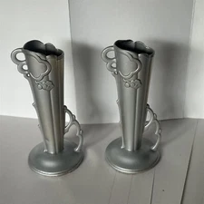 Vintage Bud Vase Metal Silverplate Set of 2 Marked Tokyo Japan Floral Modernist