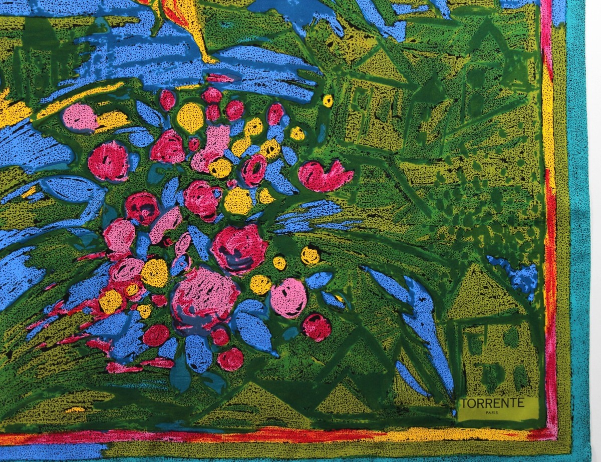 Foulard Vintage Torrente En Soie 100% - Multicolore Géométrique - Fait Main - Occasion Bon état