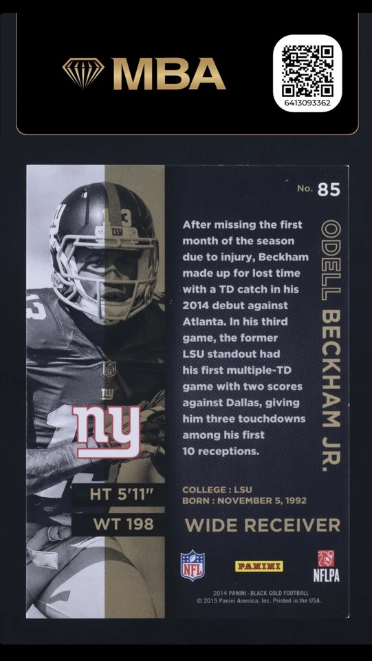 2014 Panini Black Gold Foil Odell Beckham Jr ROOKIE /25 - Image 2 of 4