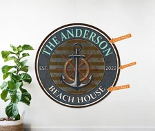 Personalized Beach House Sign Coastal Décor Ocean Surf Ships Wheel 100142002018