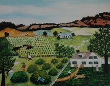 Rare fine unique American landscape painting, signed Grandma Moses, w COA